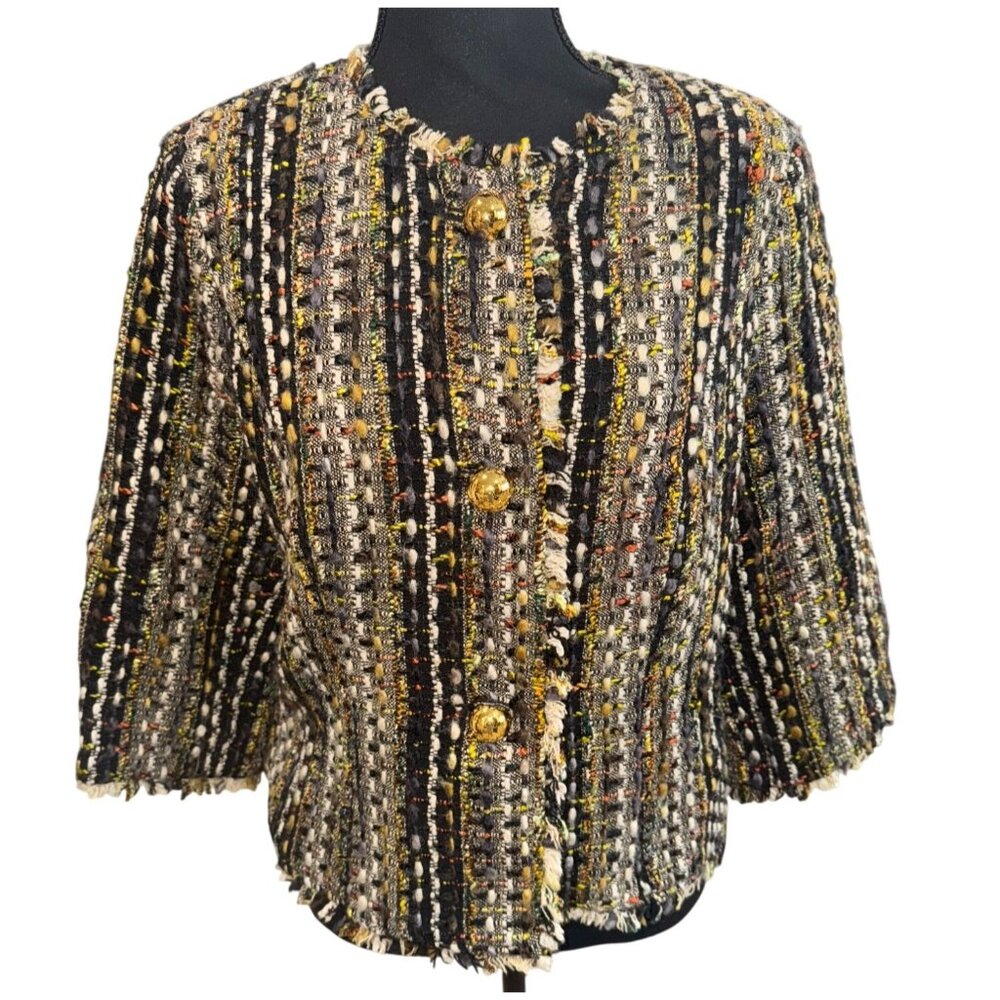 Cabi Cropped Channel Like Tweed Jacket Gold Buttons M Money Classic Office Siren